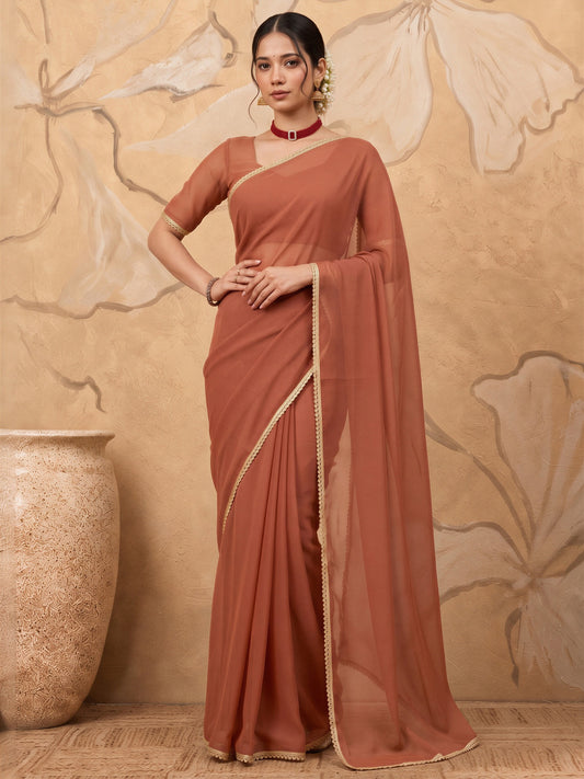 Rust solid satin silk saree with rust blouse piece