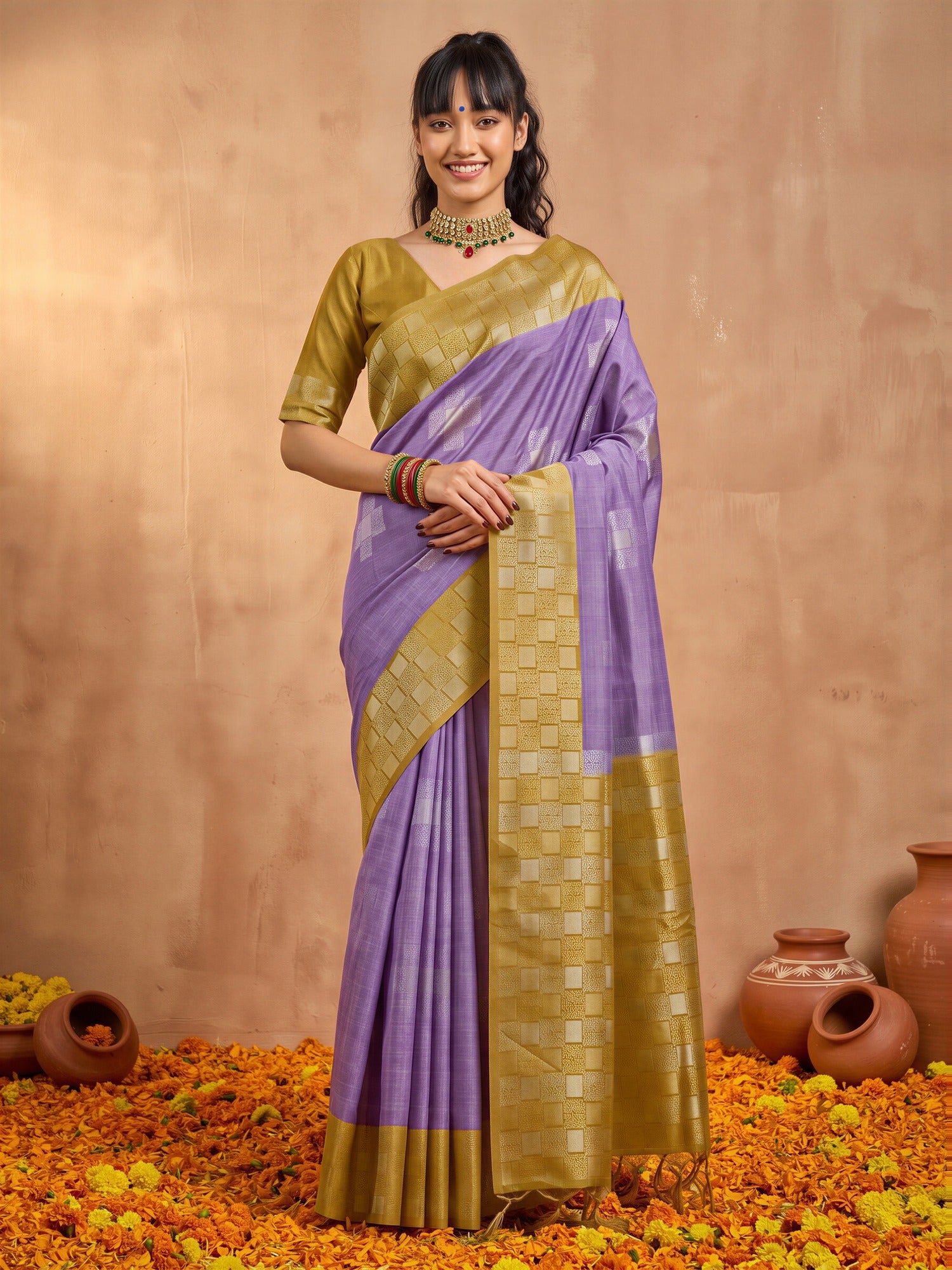 Woman wearing mustard cotton blend saree with traditional indian motif work and purple blouse