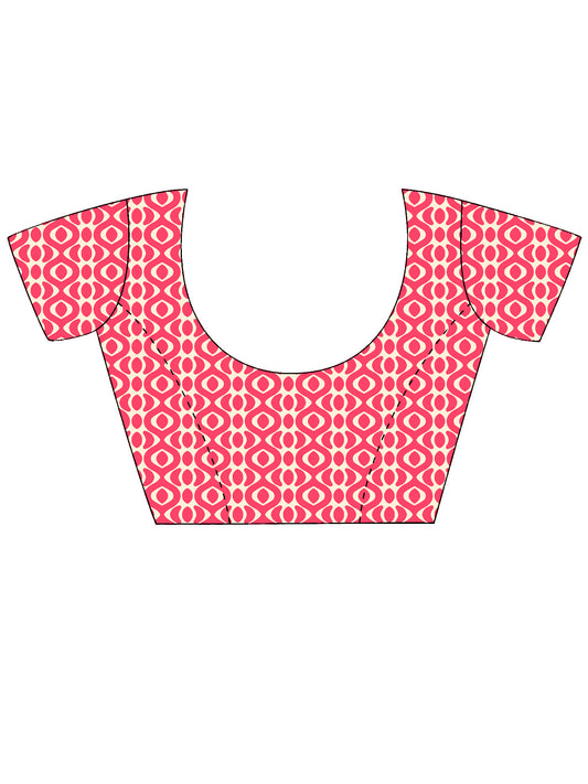 Unstitched pink bhagalpuri silk blouse piece with bagru print design