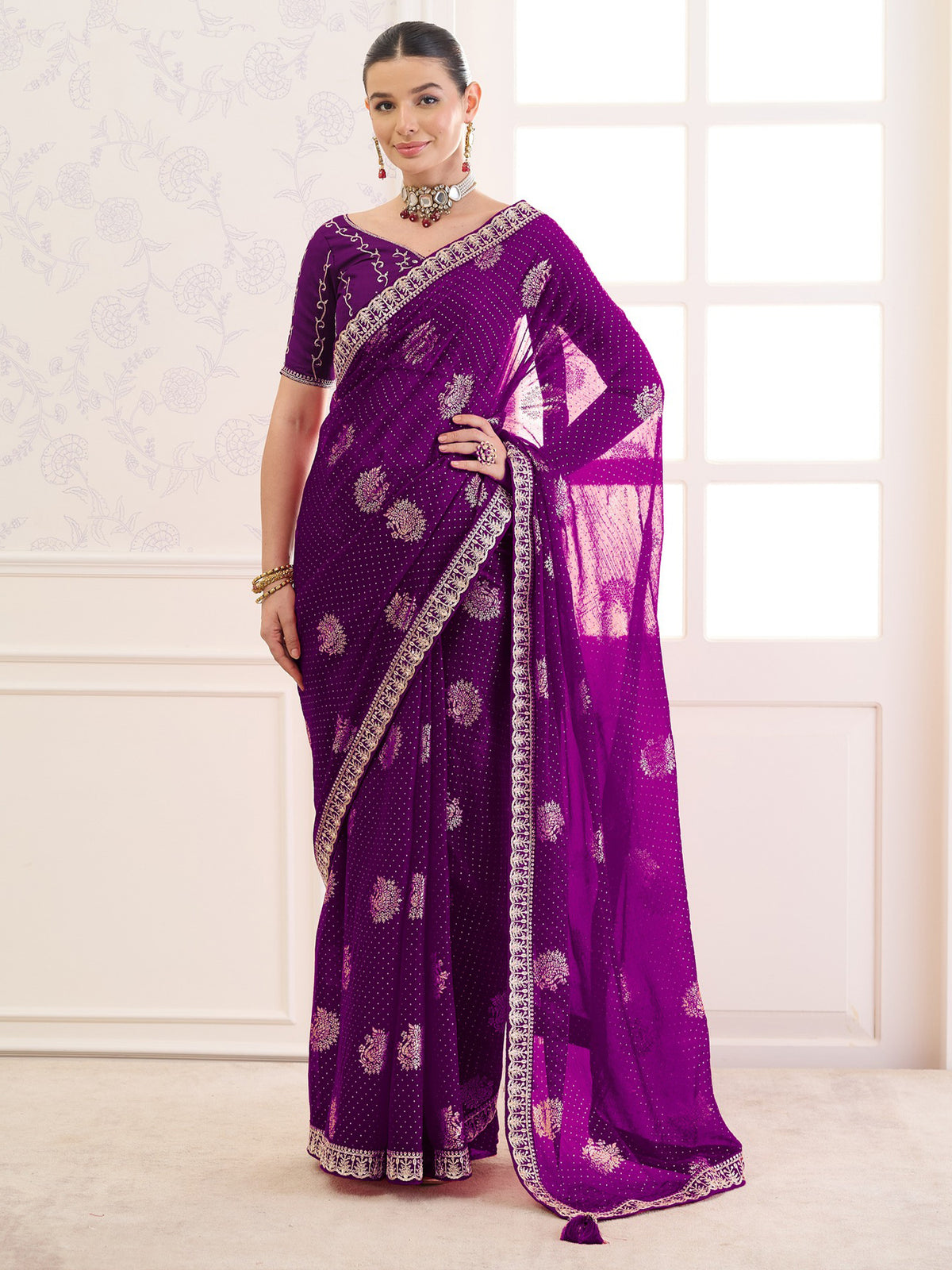Purple foil chiffon saree with purple blouse piece