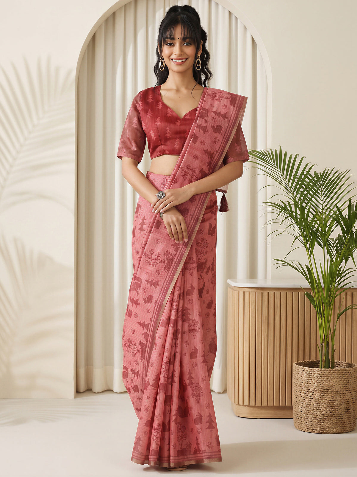 Peach Cotton Linen saree – detail view 2