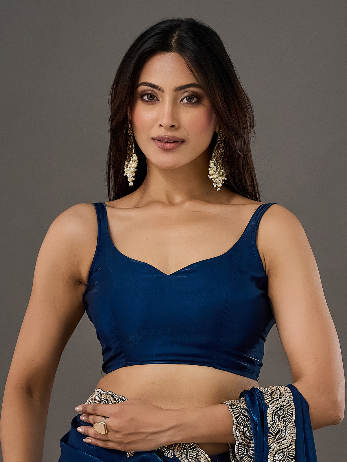 Unstitched teal blue satin blouse piece with solid design
