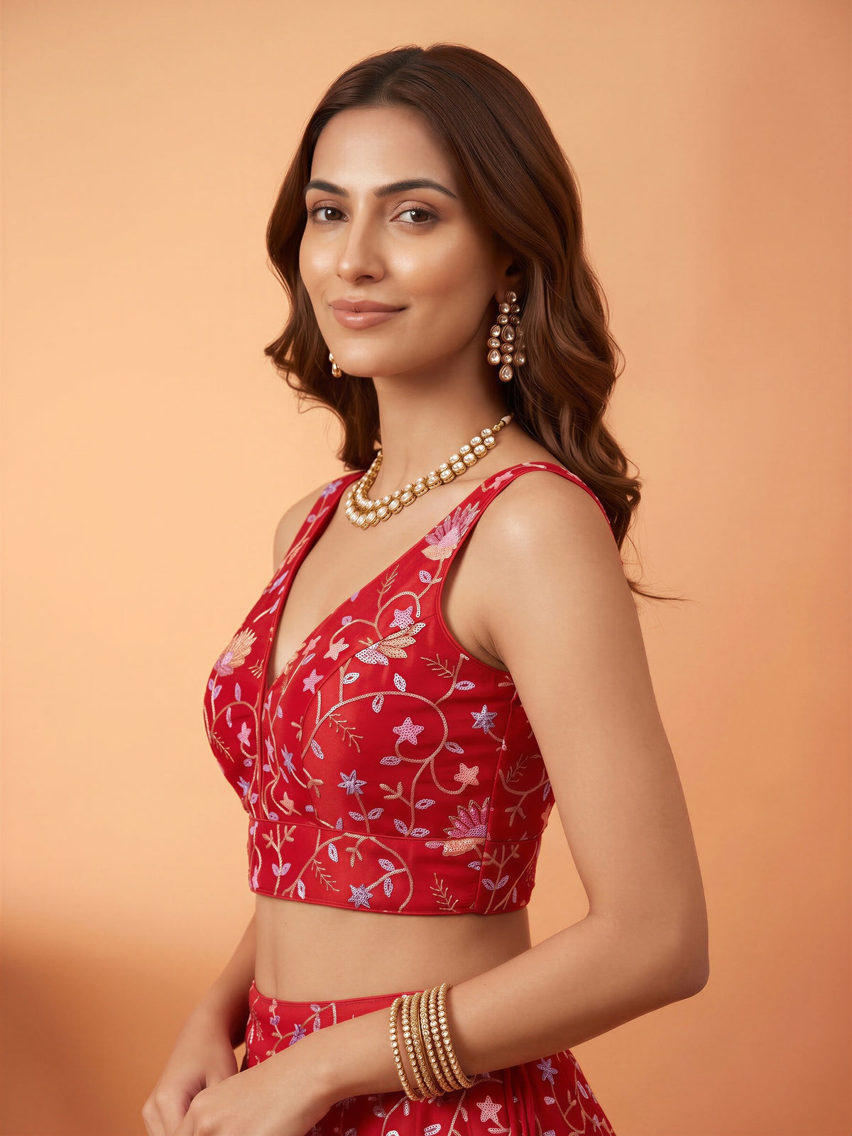 Red sequin embellished satin sleeveless readymade saree blouse with deep v neck view 2