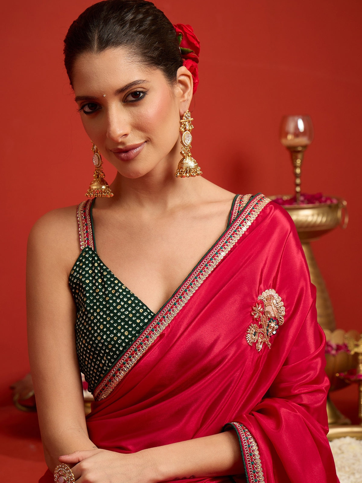 Pink satin silk saree view 3
