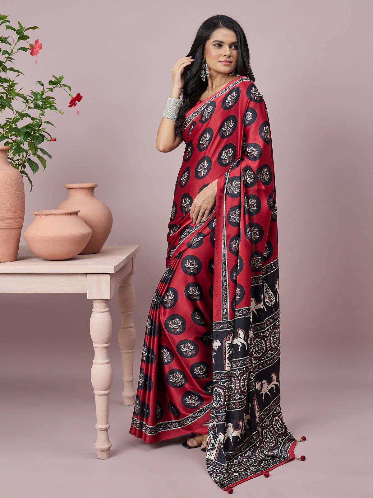Maroon satin saree view 4