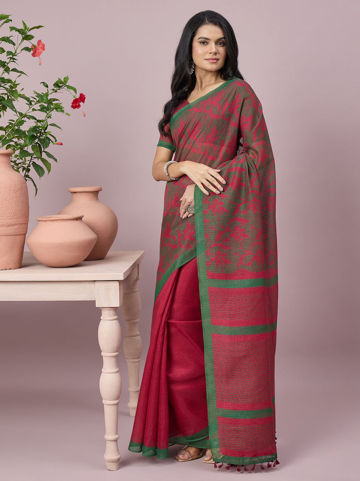 Green cotton slub saree view 3