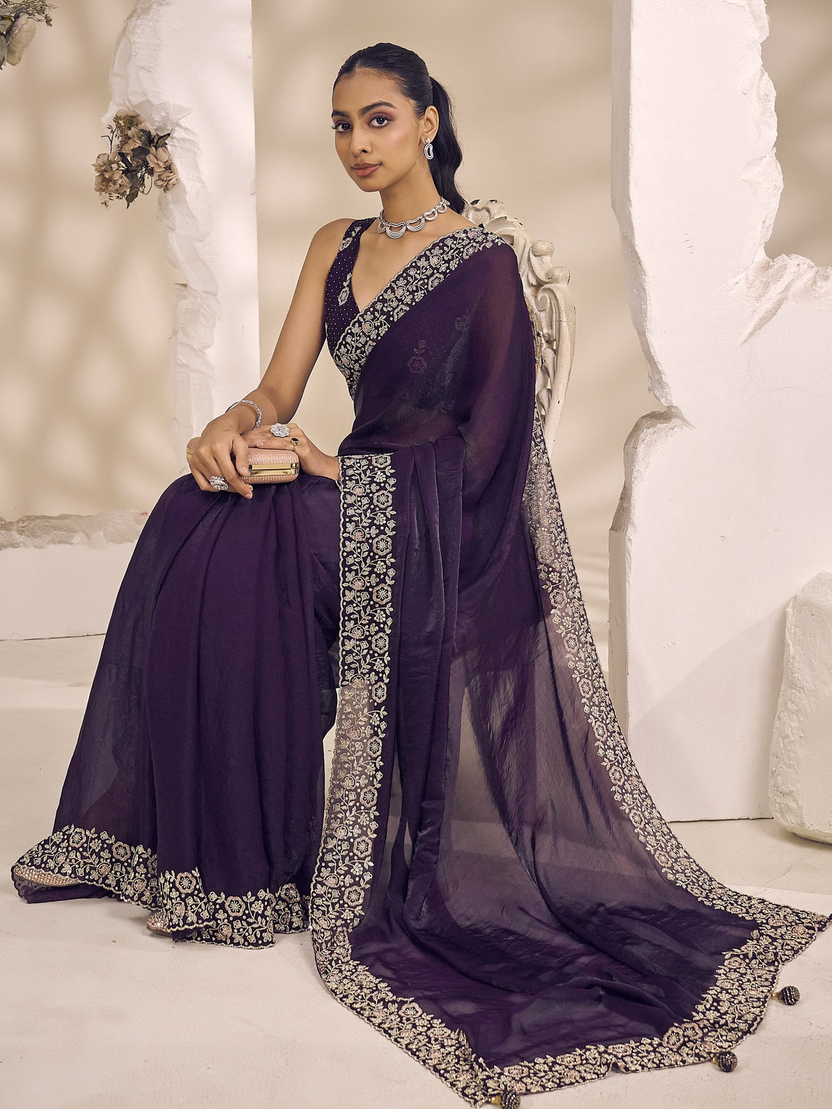 Purple satin silk saree view 3