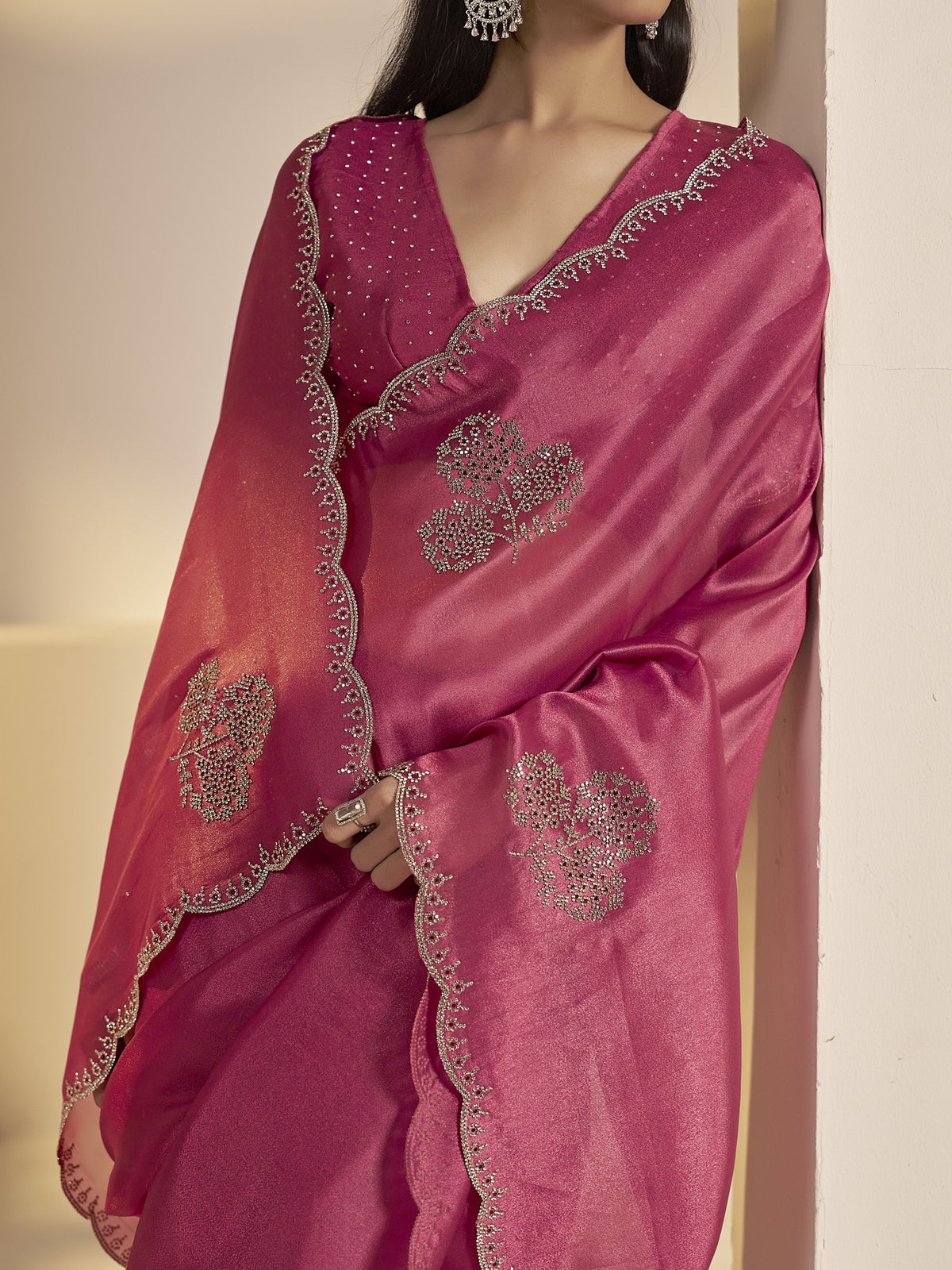 Magenta organza saree view 6