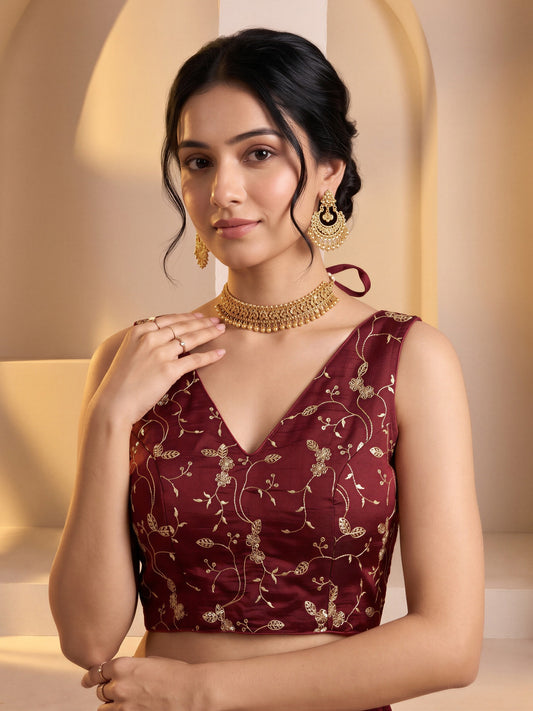 Maroon sequin embroidered vichitra silk sleeveless readymade saree blouse with v neck