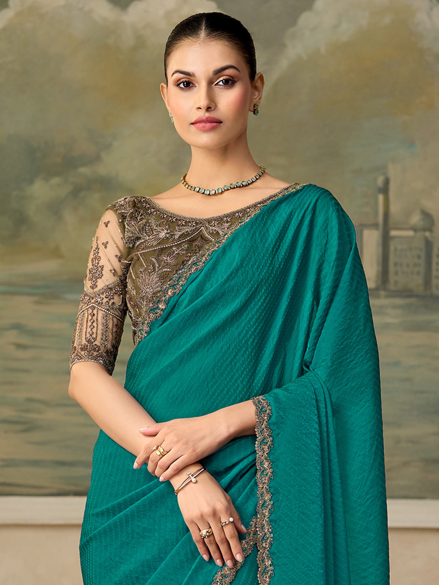 Teal Green Satin Silk saree – detail view 2