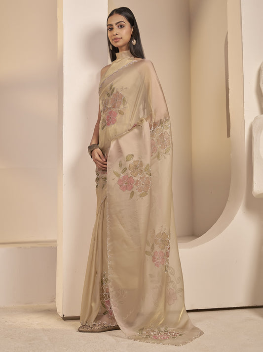 Champagne organza saree view 1