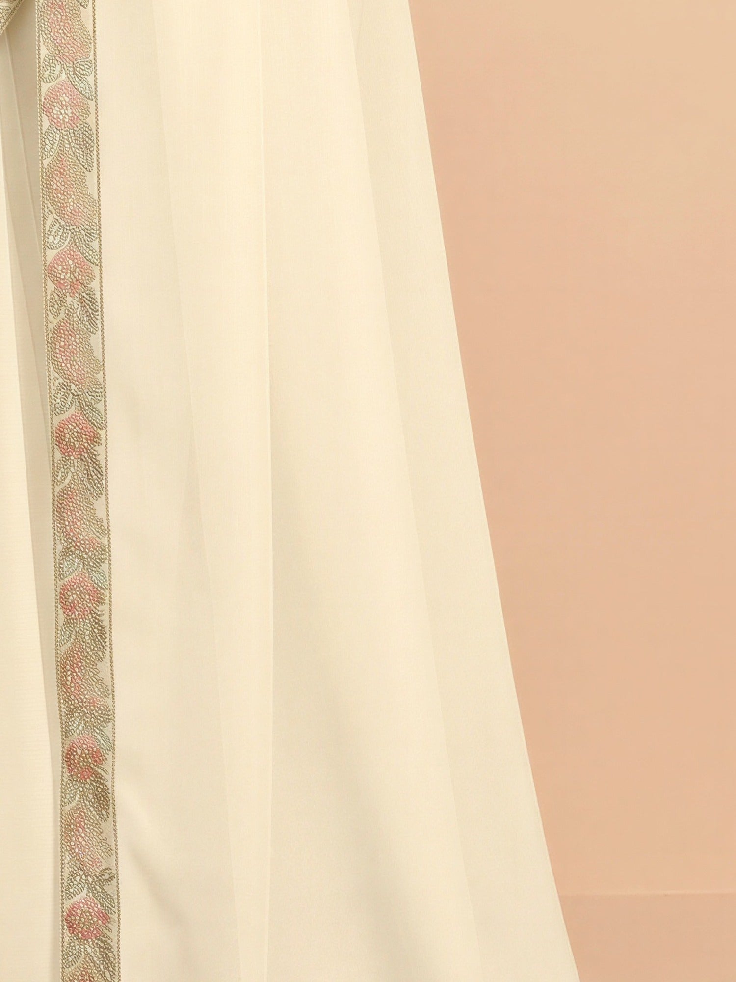 Pallu detail of off white tissue saree showing embroidered motif work and zari border