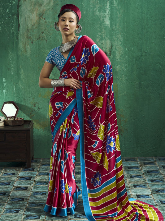 Maroon floral satin saree with teal blue blouse piece