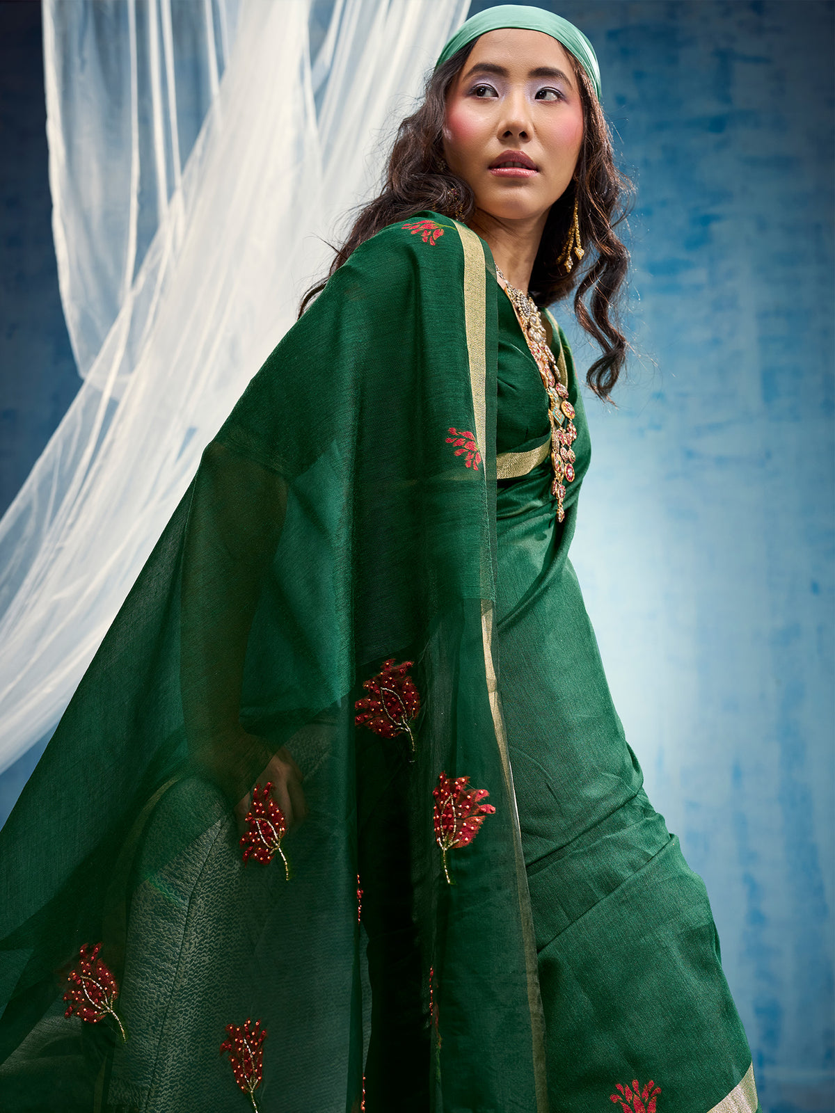 Green Muga Cotton saree – detail view 3