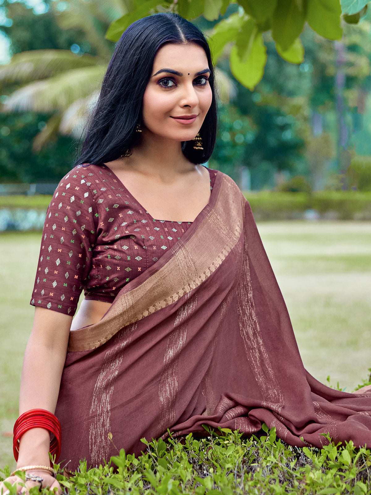 Coffee Brown Georgette saree – detail view 1