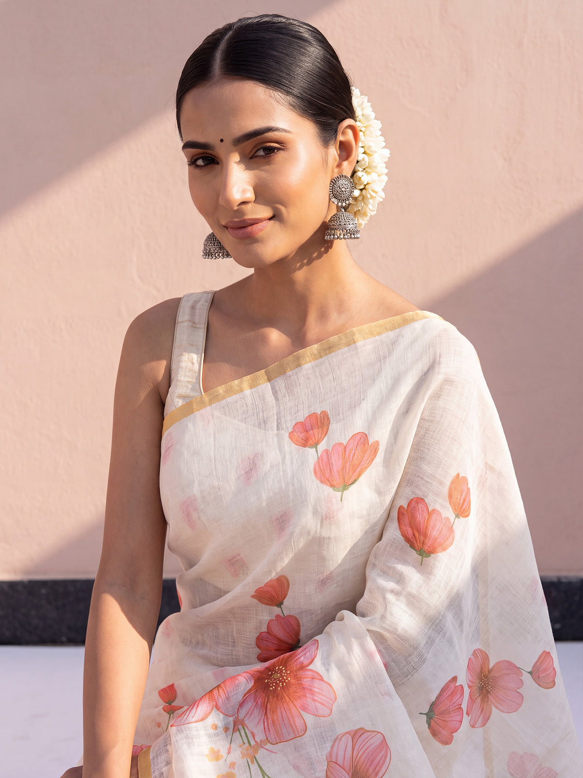 Off White Cotton Linen saree – detail view 4