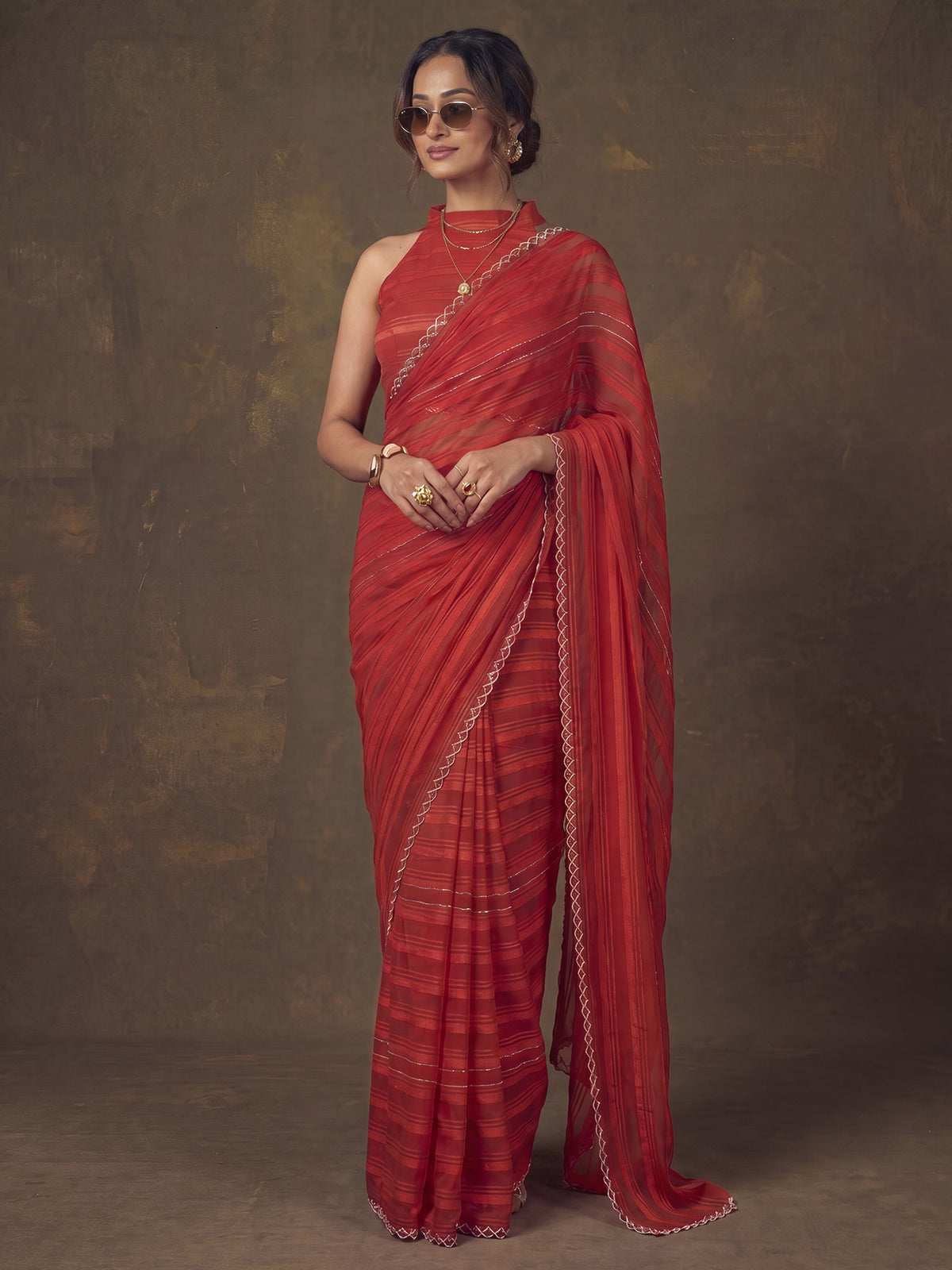 Red Georgette saree – detail view 2