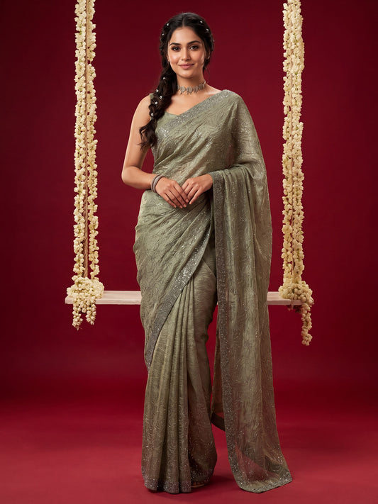 Woman wearing olive tissue saree with ornamented surface design and olive blouse