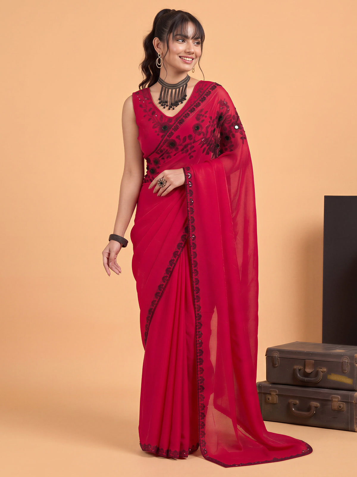 Pink Satin Silk saree – detail view 3