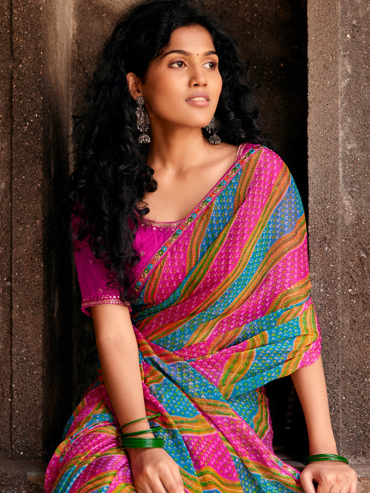 Pink georgette saree view 1