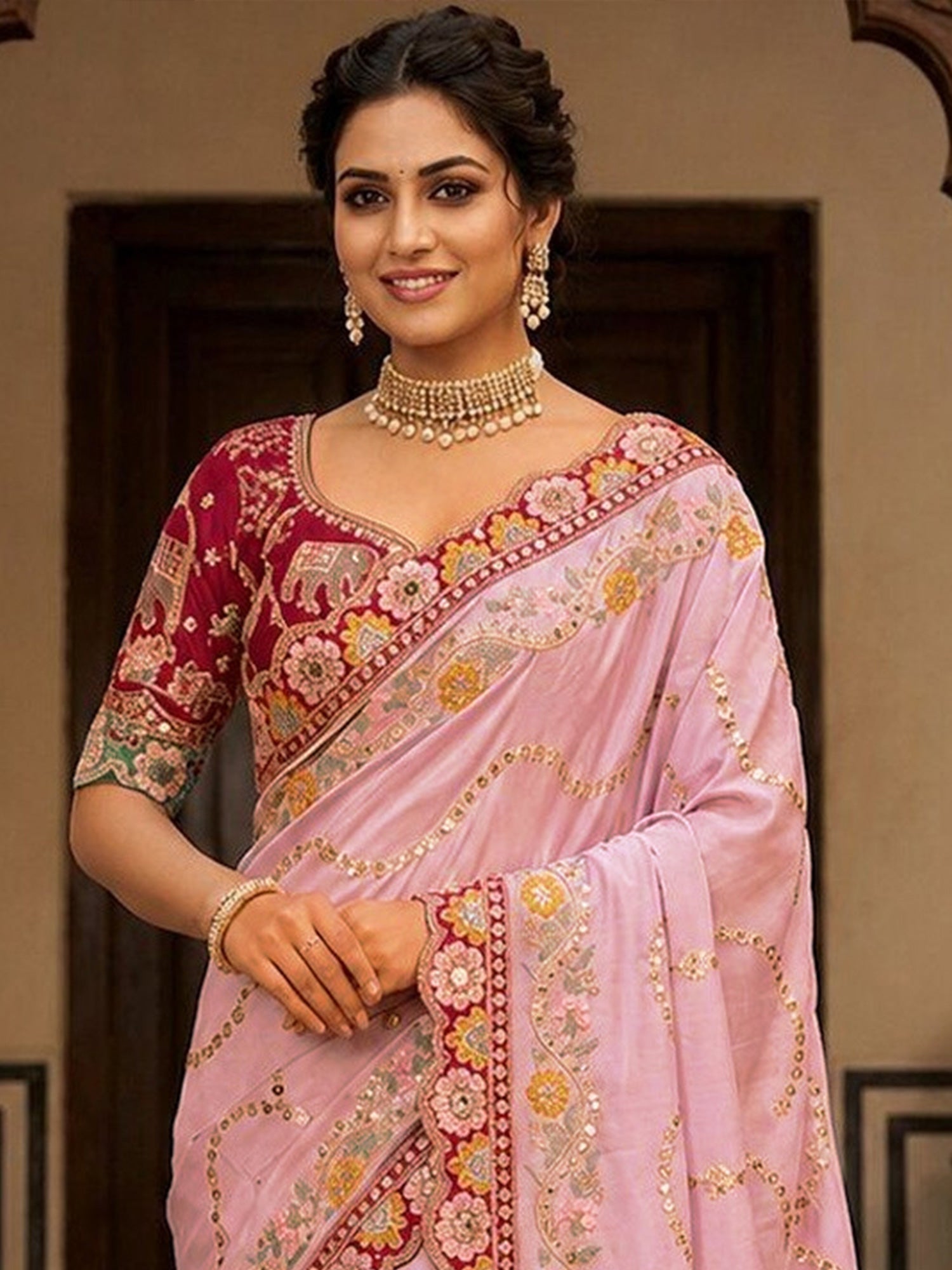 Pink Pure Georgette saree – detail view 3