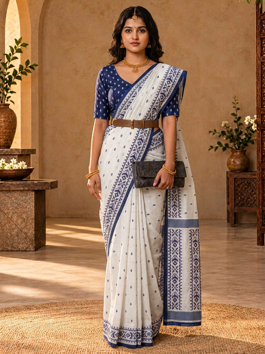Off White ethnic motif tussar silk saree with navy blue blouse piece