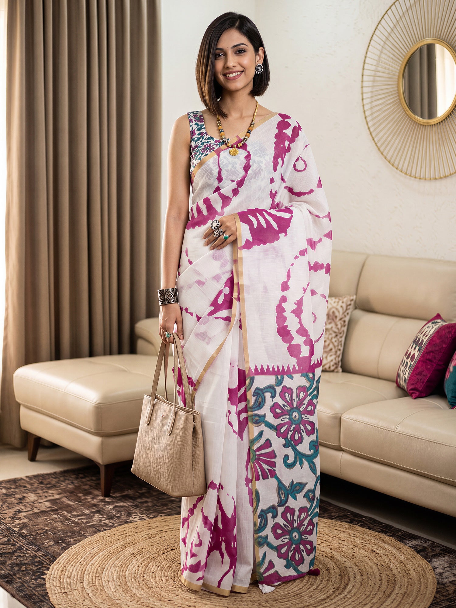Woman wearing white cotton blend saree with shibori resist-dye pattern and teal blue blouse