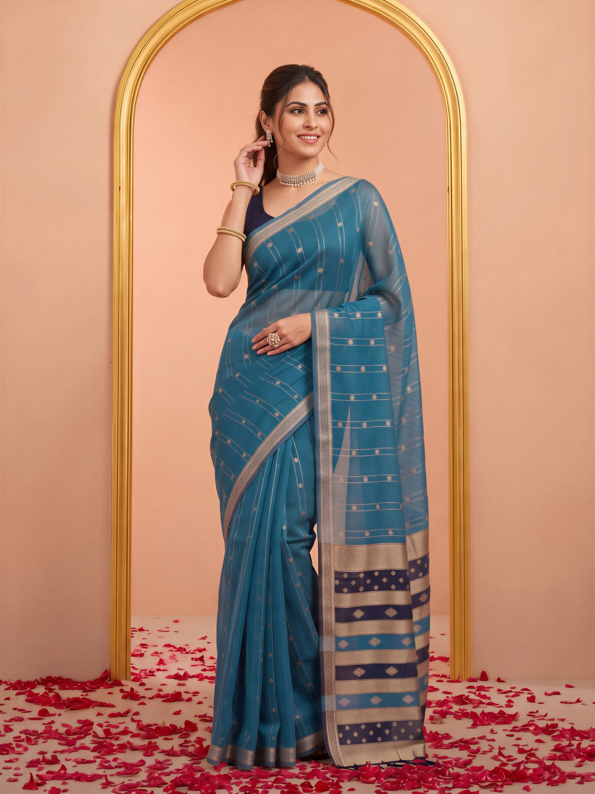 Light Blue woven design silk blend saree with navy blue blouse piece