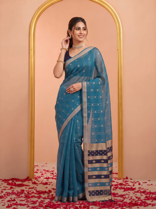 Light Blue woven design silk blend saree with navy blue blouse piece