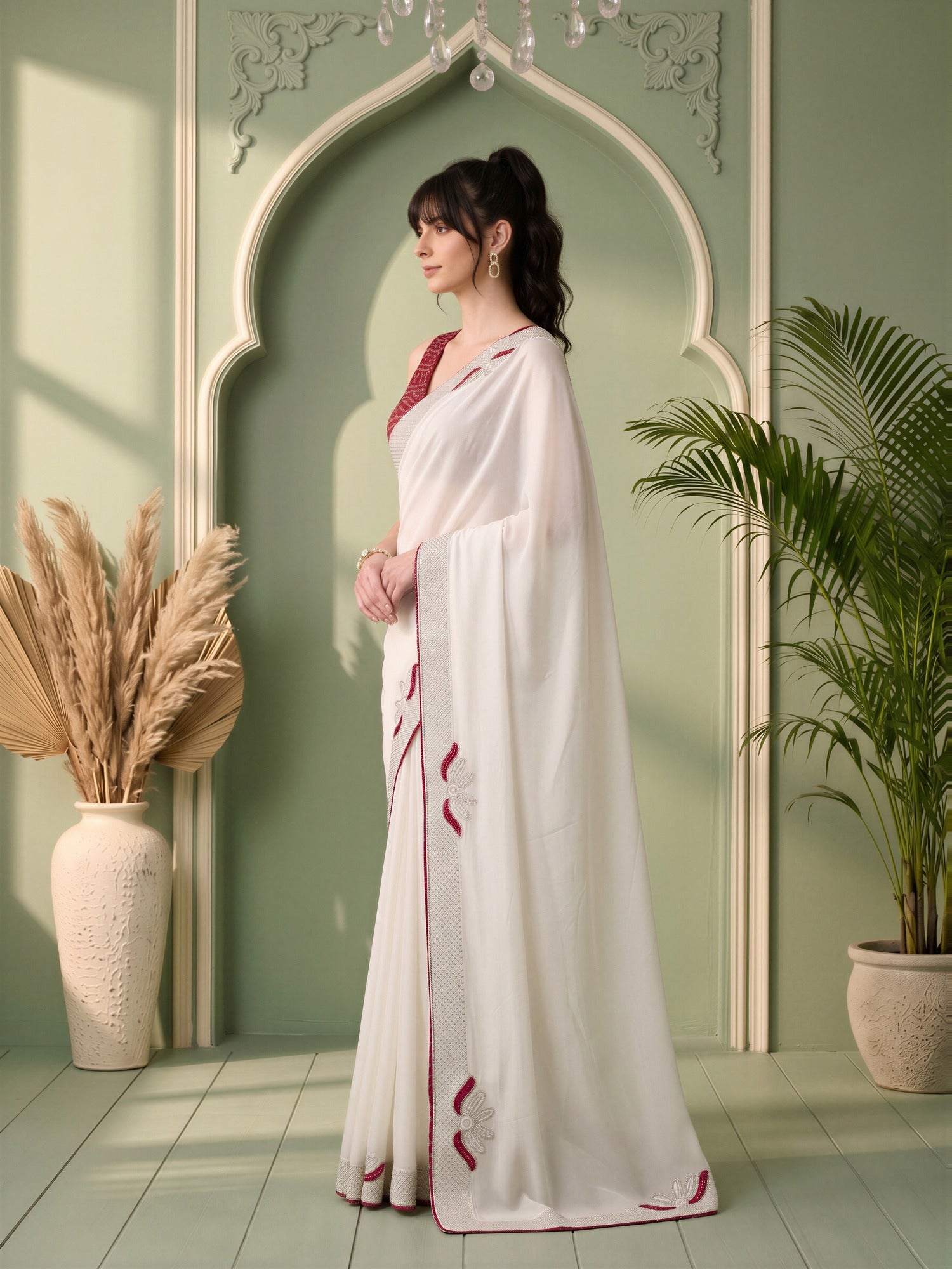 White Vichitra Silk saree – detail view 2