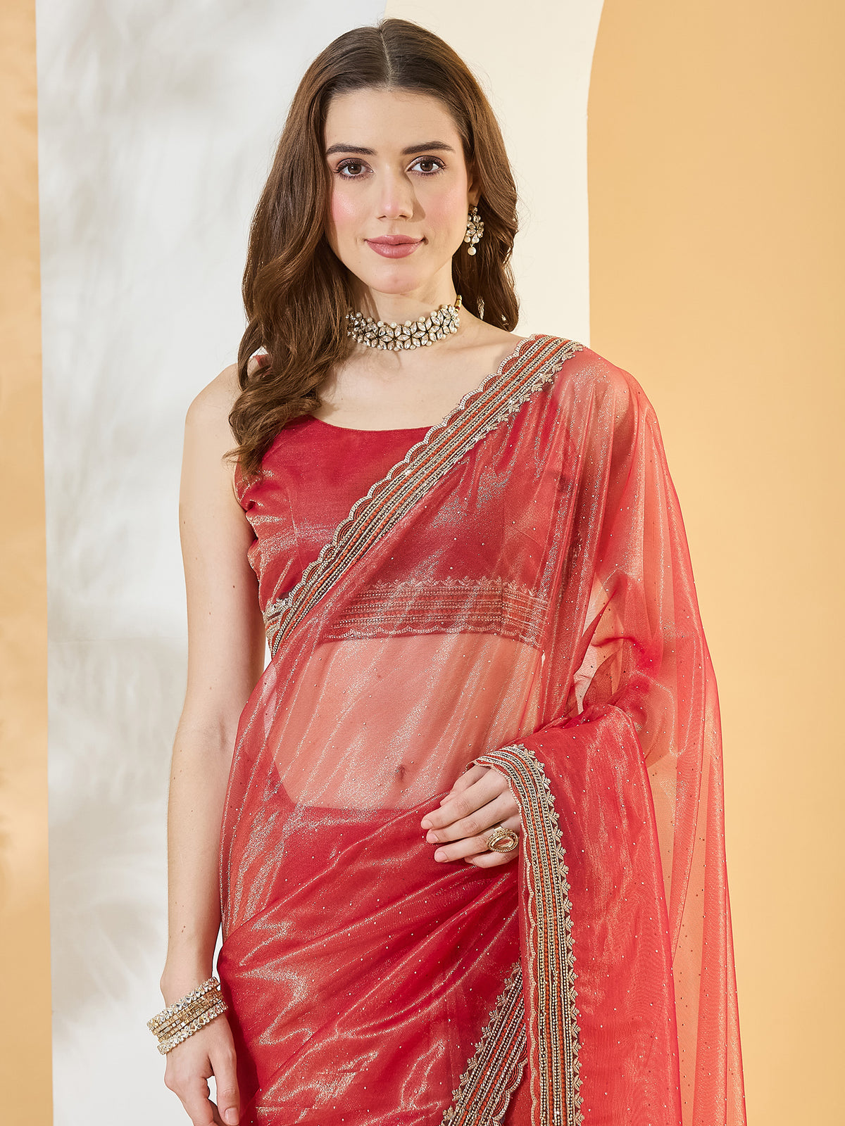 Orange Net saree – detail view 4