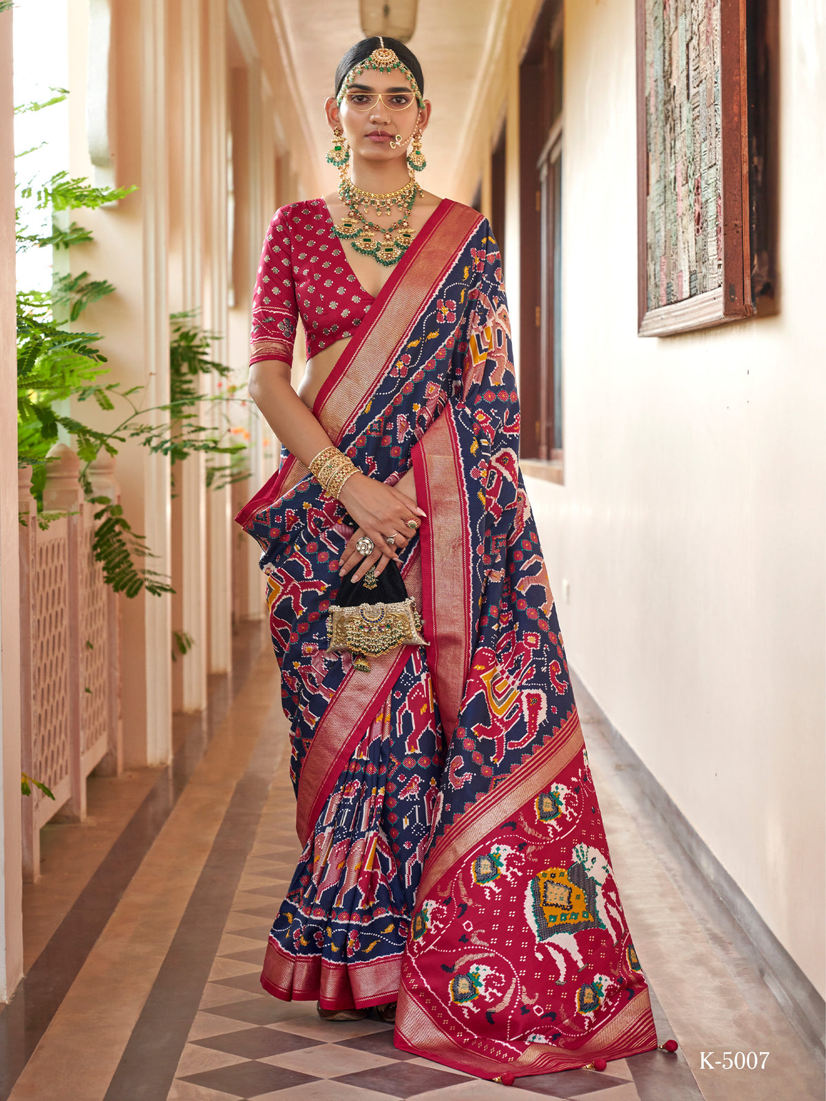 Navy Blue ikat silk blend saree with pink blouse piece