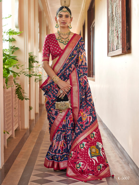 Navy Blue ikat silk blend saree with pink blouse piece