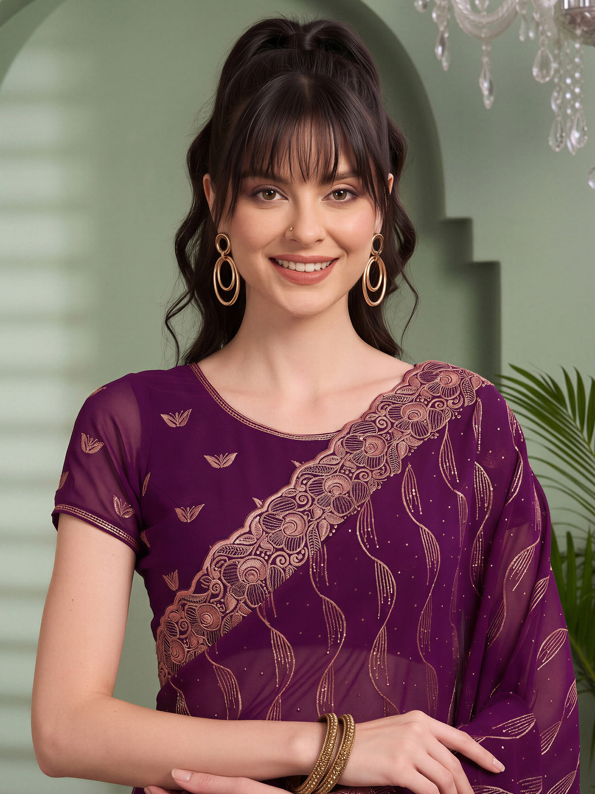 Purple Pure Georgette saree – detail view 4