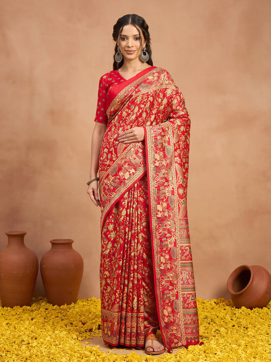 Woman wearing red silk blend saree with metallic foil print work and red blouse