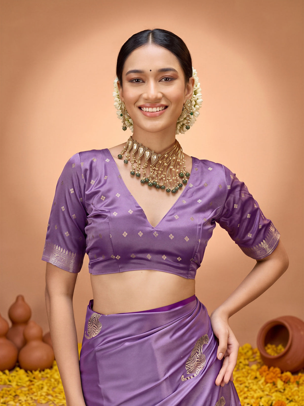Unstitched lavender satin silk blouse piece with paisley design