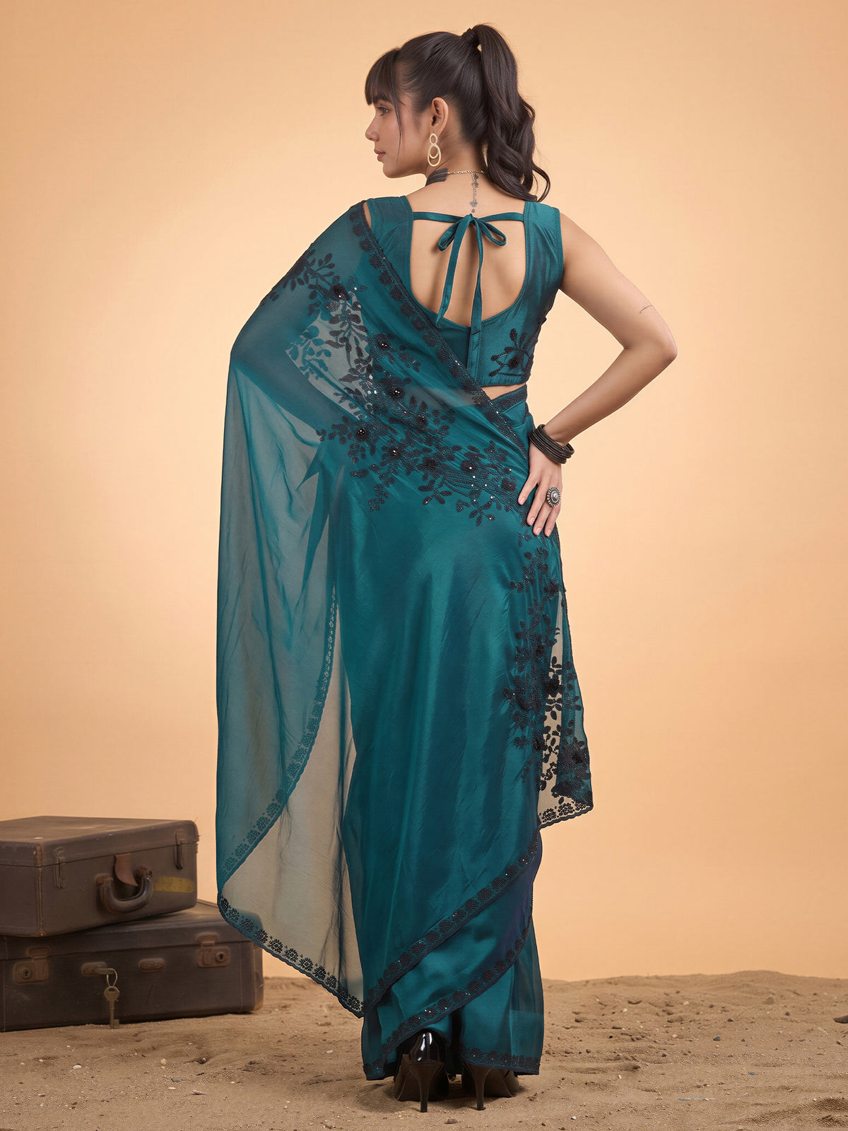 Teal Green Satin Silk saree – detail view 1