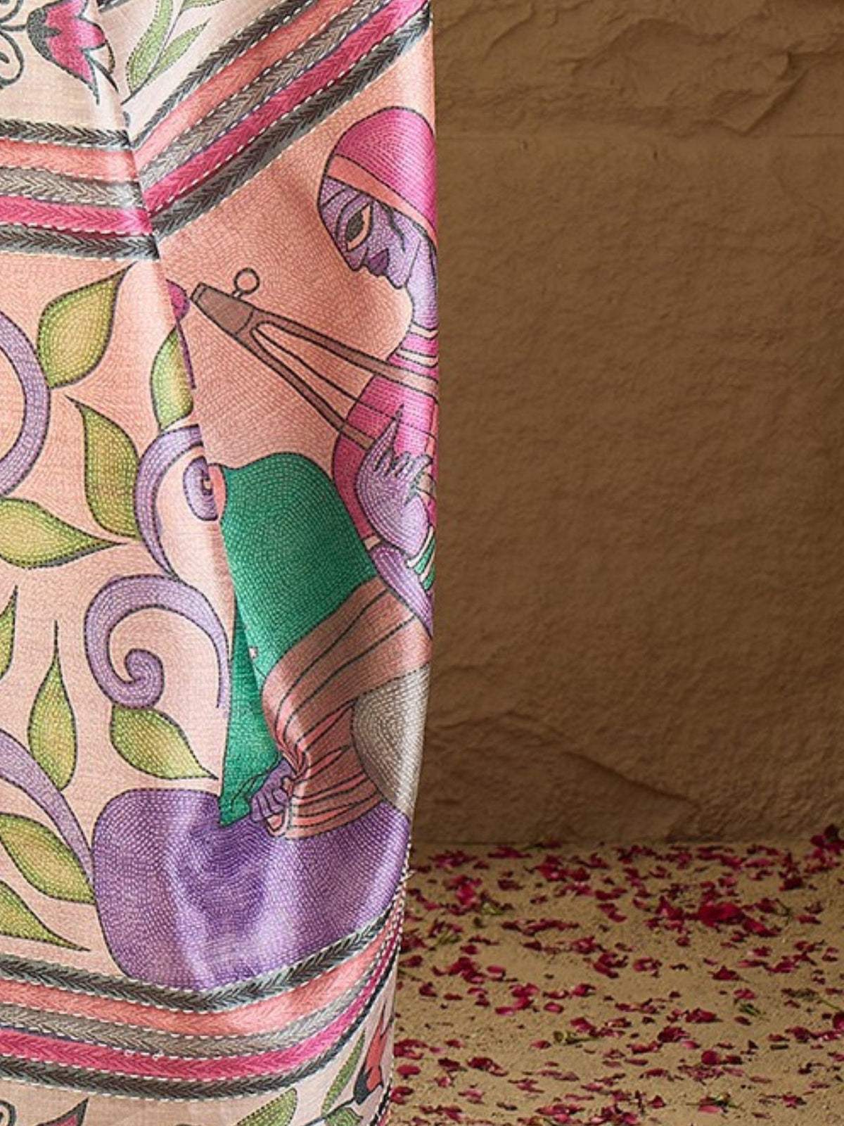 Pallu detail of multicolored art silk saree showing kalamkari narrative motif work and printed border