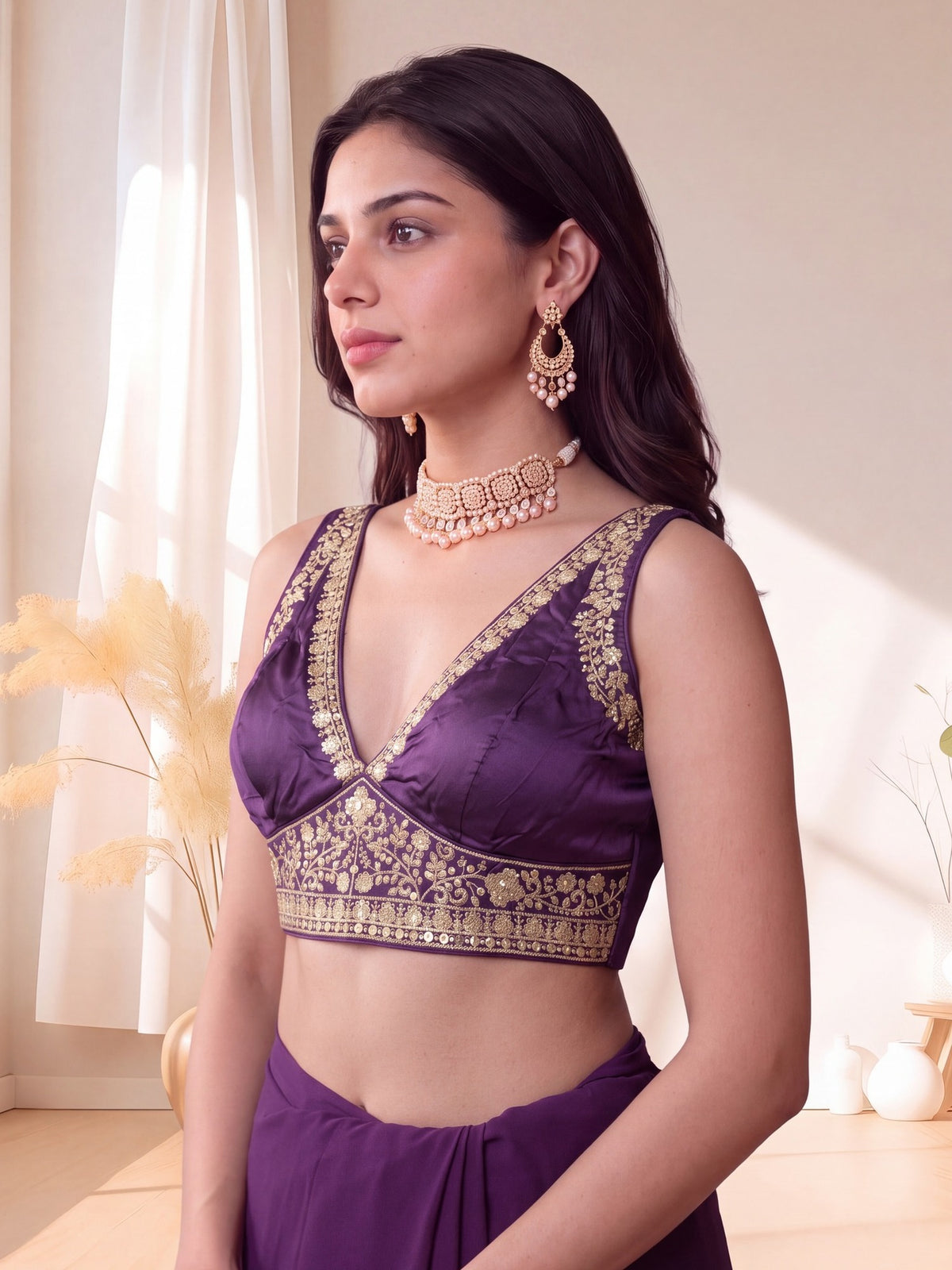 Purple sequin embellished silk blend sleeveless readymade saree blouse with deep v neck view 2