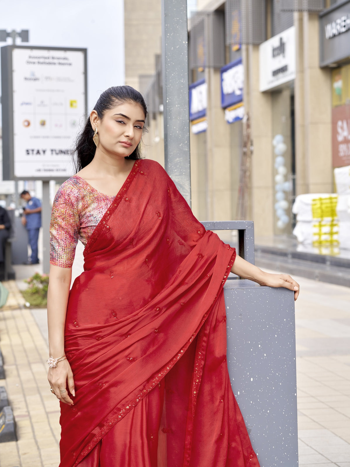 Red Satin Silk saree – detail view 3