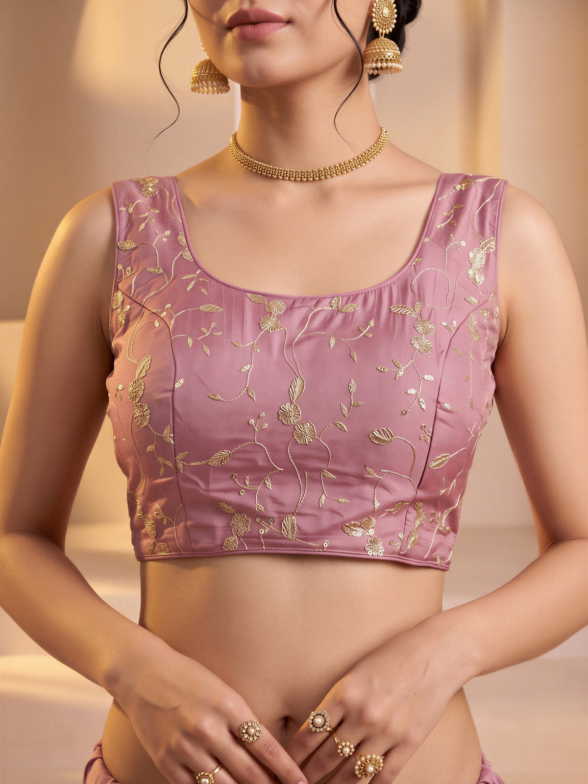 Mauve sequin embroidered vichitra silk sleeveless readymade saree blouse with v neck view 4