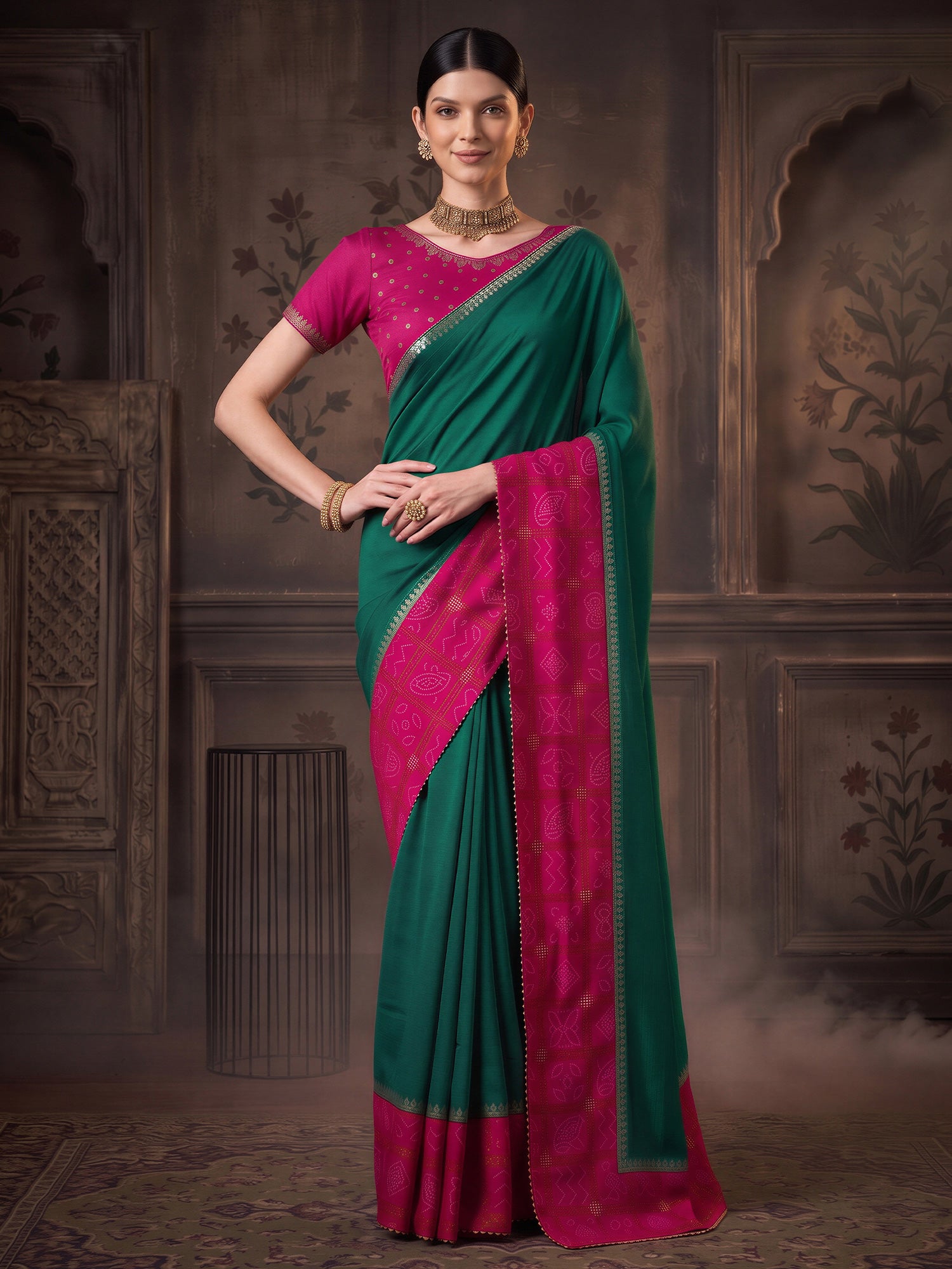 Teal Green Vichitra Silk saree – detail view 3