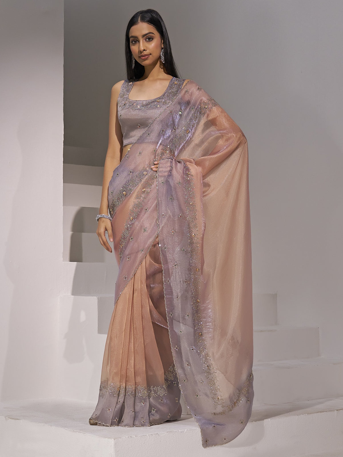 Peach organza saree view 1