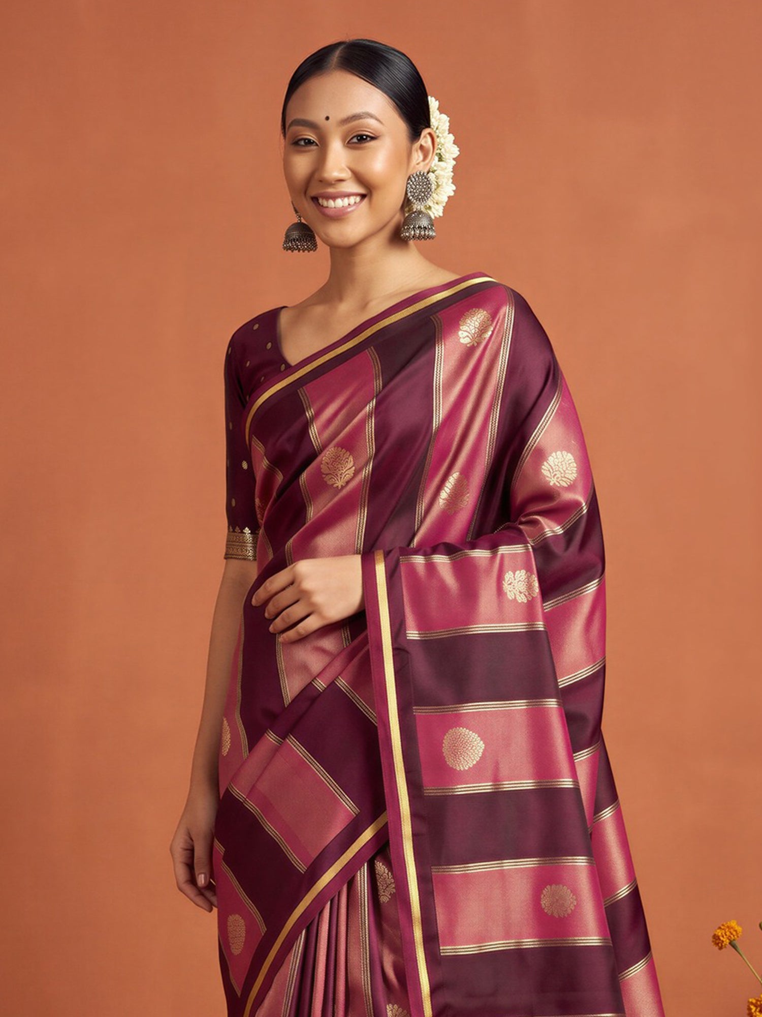 Wine Satin saree – detail view 3