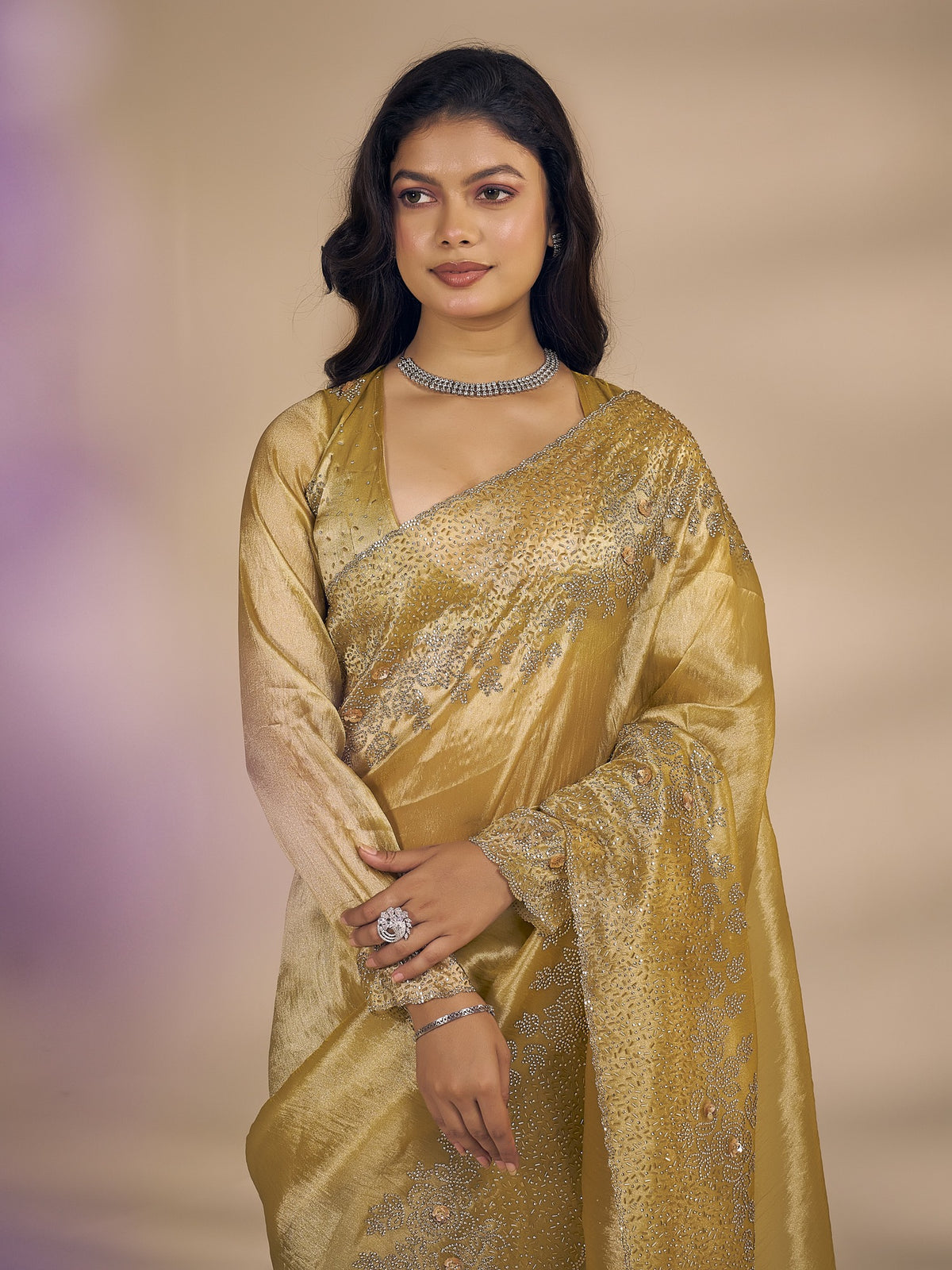 Yellow organza saree view 3
