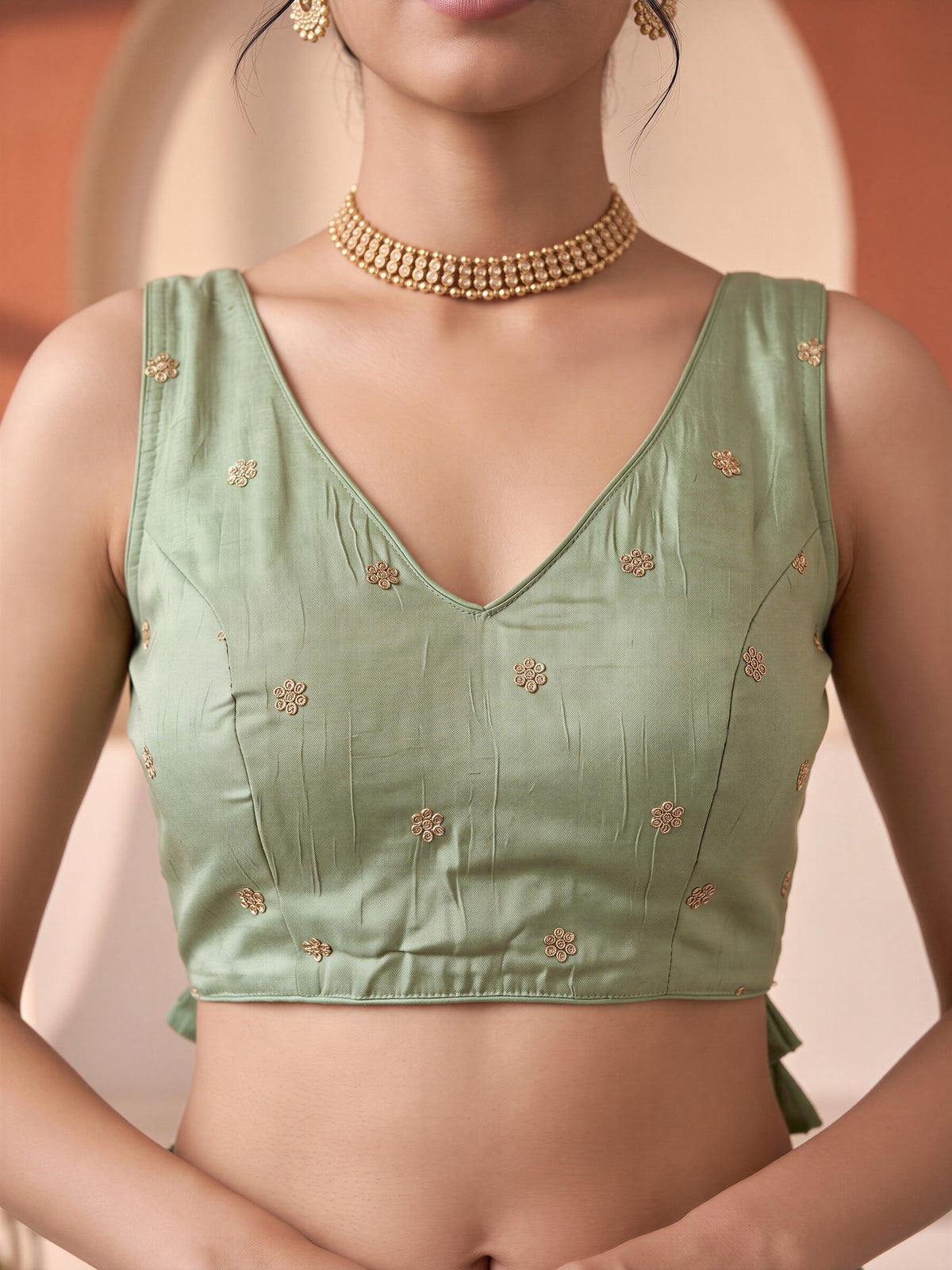 Sea Green sequin embellished vichitra silk sleeveless readymade saree blouse with v neck view 4