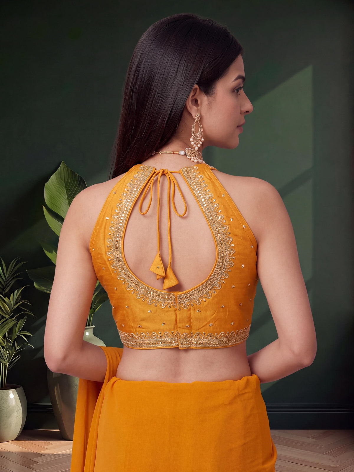 Mustard sequin embellished vichitra silk sleeveless readymade saree blouse with v neck view 1