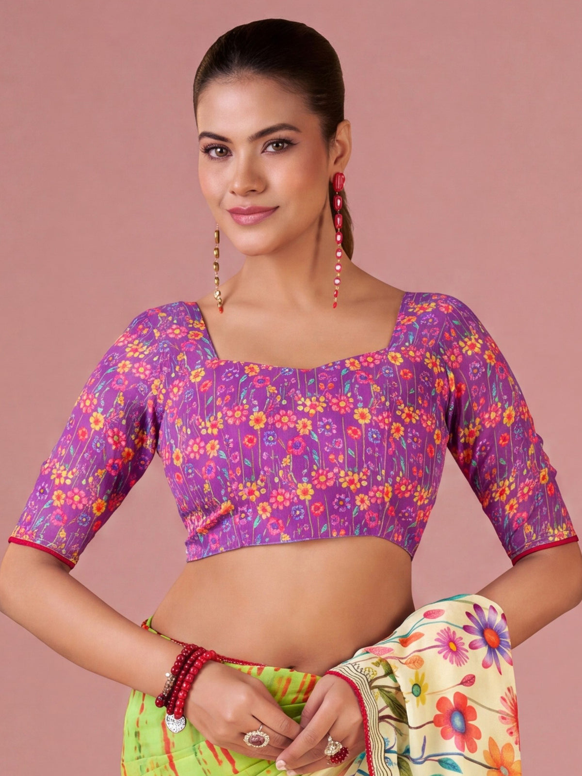 Unstitched lavender georgette blouse piece with floral design
