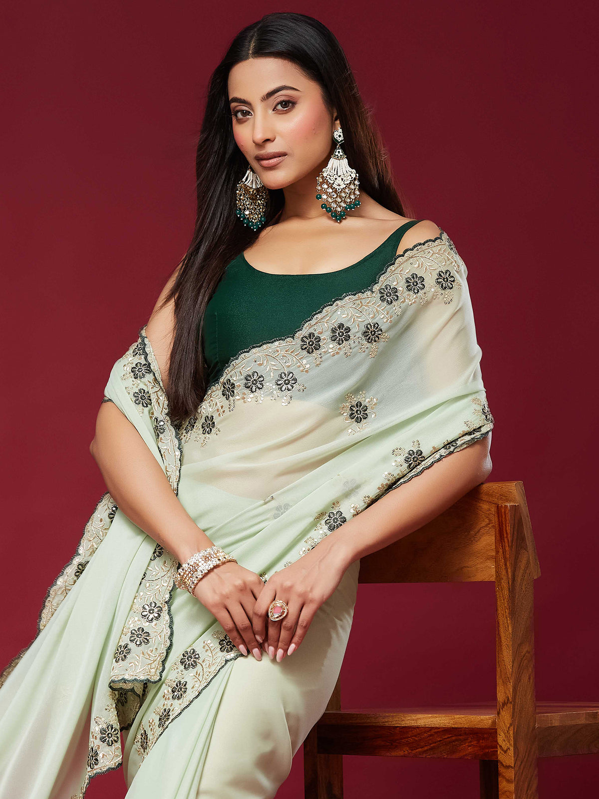 Mint Green Georgette saree – detail view 3