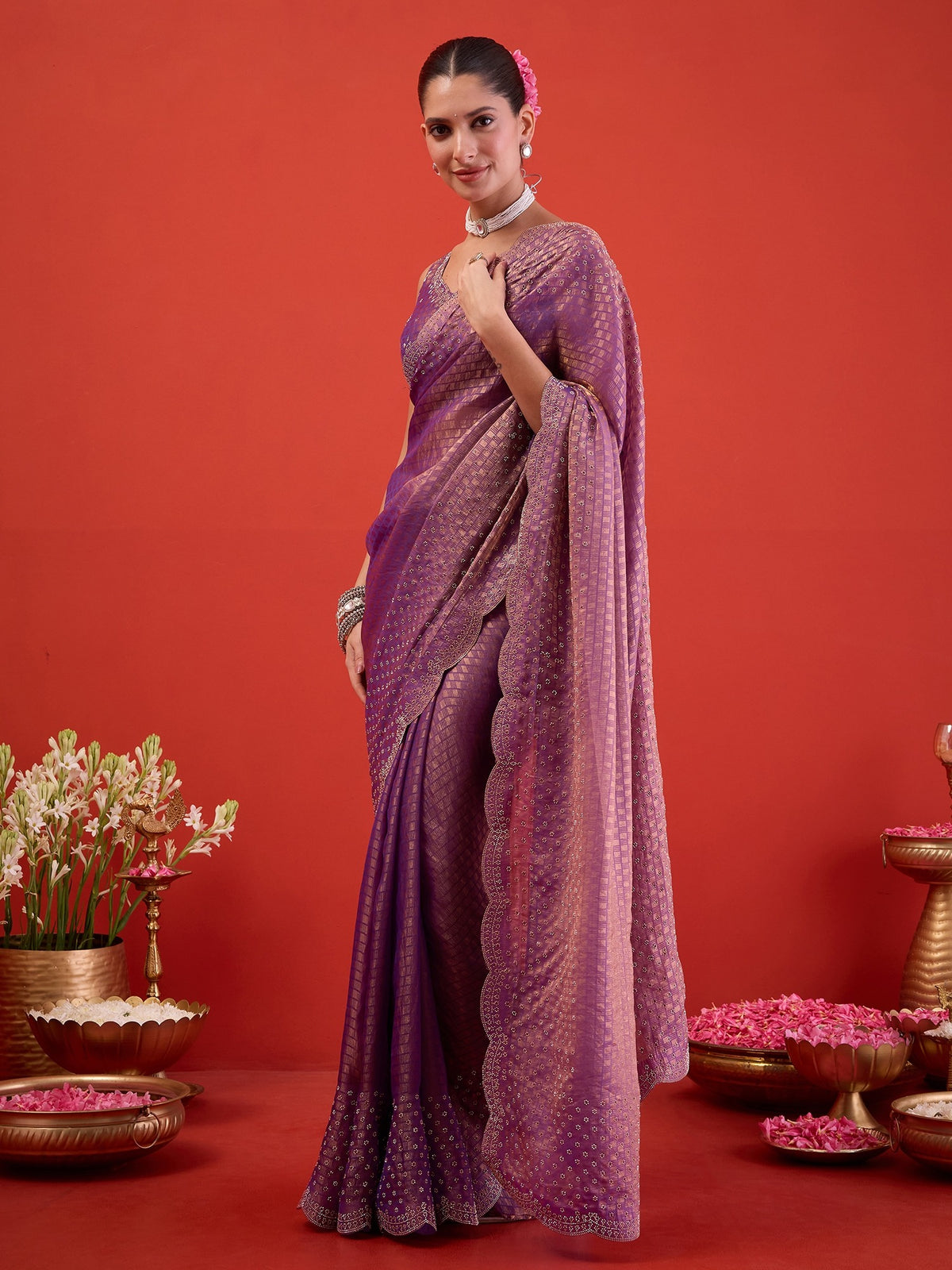 Lavender Satin saree – detail view 1